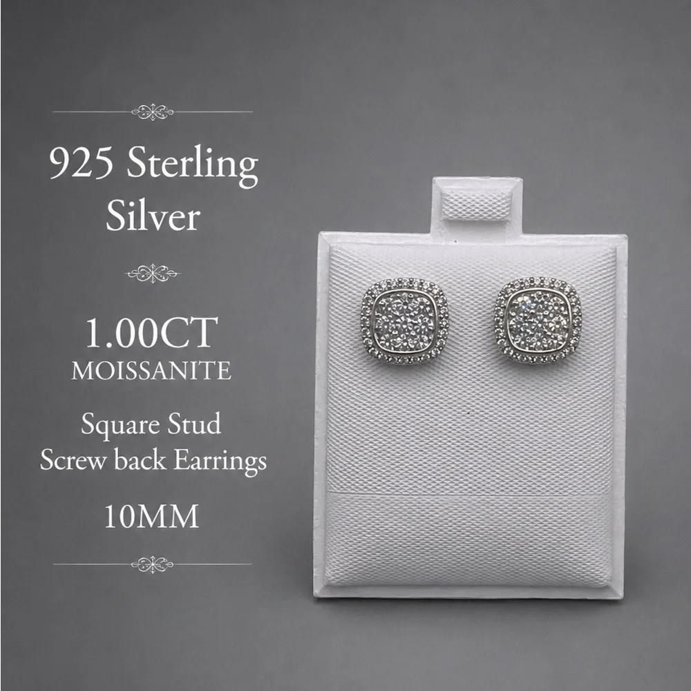 925 Sterling Silver Pavé Square Stud Earrings  Screw Back 1.00CT MOISSANITE